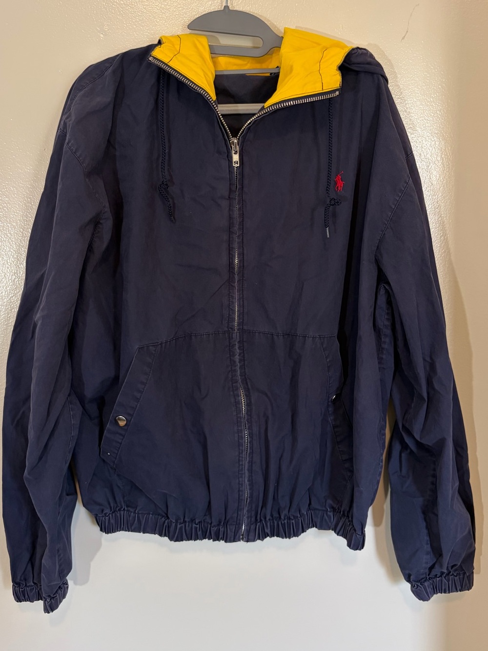 Vintage Polo by Ralph Lauren Navy Cotton Jacket with Yellow Hood and Red Logo